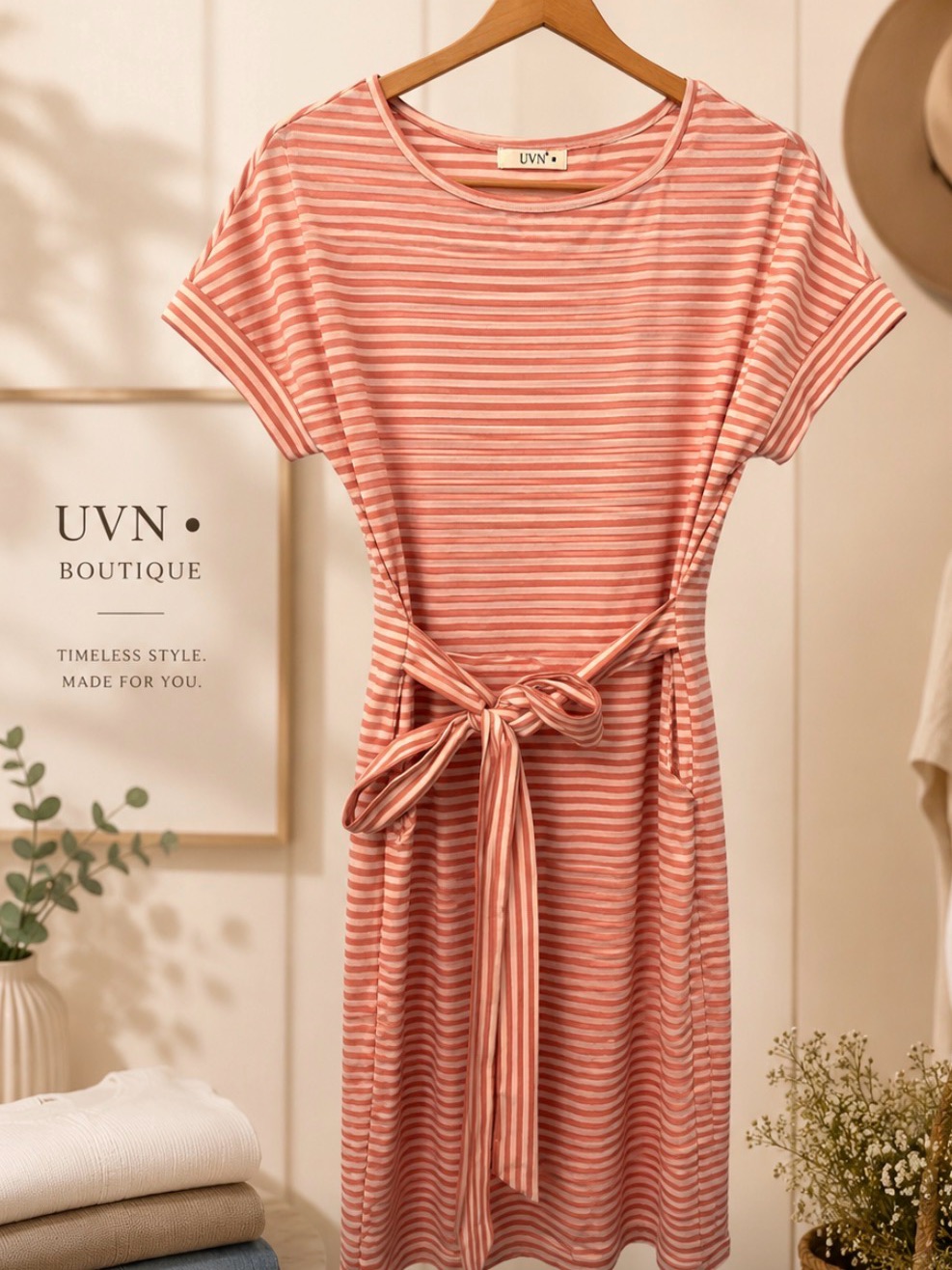 Uvn Light Pink Striped Tie-Waist Mini Dress